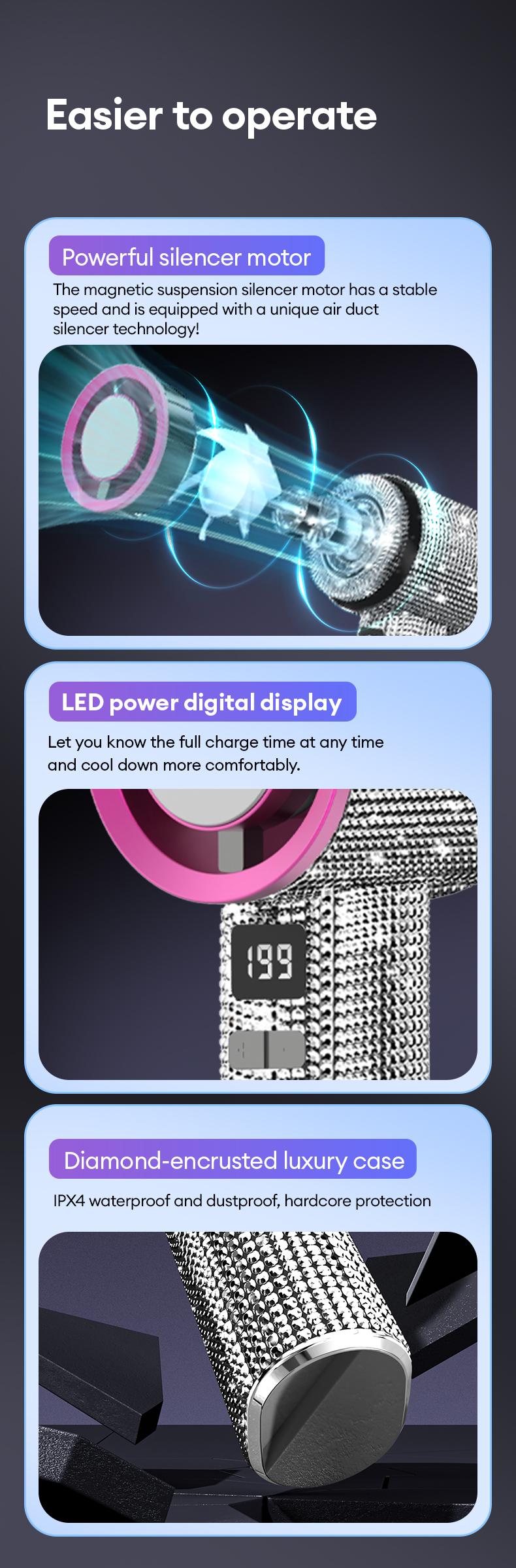 🔥Final 3 Hours – 50% OFF!Full Diamond Luxury Craftsmanship Portable Handheld Turbo Fan, 3 Gear Wind, Rechargeable Long Battery Life Hand Fan With Digital Display For Outdoor Activities, Travel, Office, Wonmen's gift