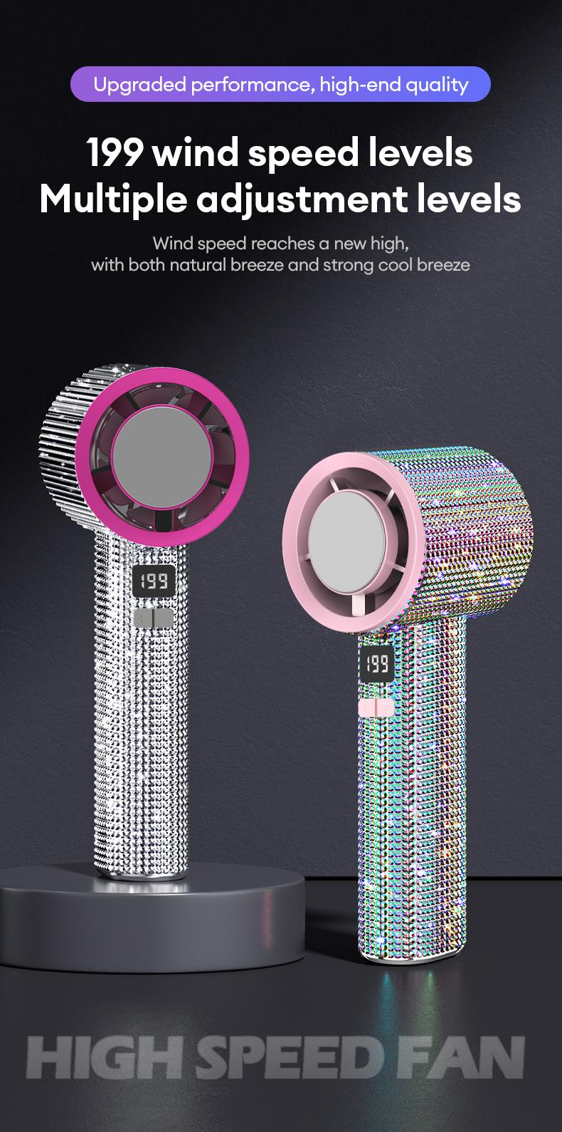 🔥Final 3 Hours – 50% OFF!Full Diamond Luxury Craftsmanship Portable Handheld Turbo Fan, 3 Gear Wind, Rechargeable Long Battery Life Hand Fan With Digital Display For Outdoor Activities, Travel, Office, Wonmen's gift