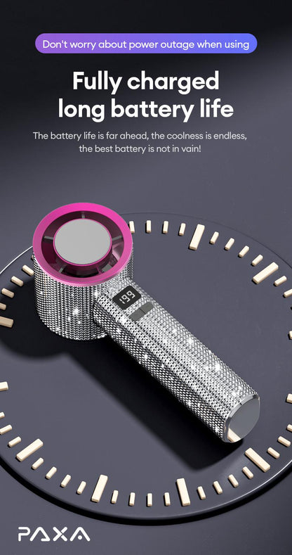 🔥Final 3 Hours – 50% OFF!Full Diamond Luxury Craftsmanship Portable Handheld Turbo Fan, 3 Gear Wind, Rechargeable Long Battery Life Hand Fan With Digital Display For Outdoor Activities, Travel, Office, Wonmen's gift