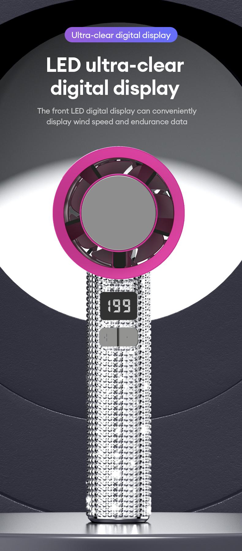 🔥Final 3 Hours – 50% OFF!Full Diamond Luxury Craftsmanship Portable Handheld Turbo Fan, 3 Gear Wind, Rechargeable Long Battery Life Hand Fan With Digital Display For Outdoor Activities, Travel, Office, Wonmen's gift