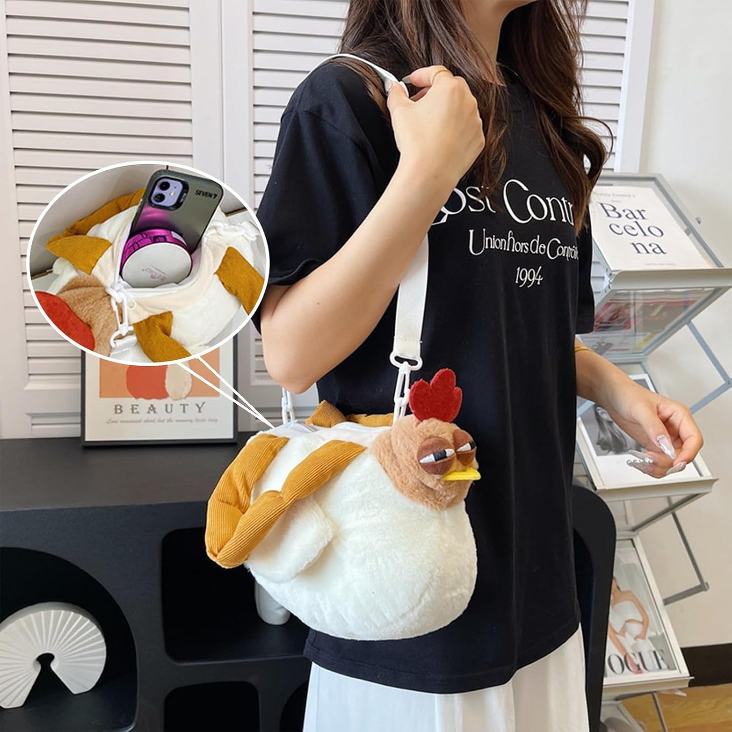🔥50% OFF Today Only! Chicken Handbag, Funny Animal Bag, Chicken Purse, Rooster Shoulder Strap Fuzzy Cute Mini Makeup Pouch, Novelty Plush Hen Bag
