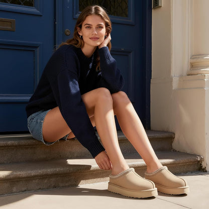 🔥HOT SALE 63% OFF🔥Genuine Suede Platform Slippers for Women Fuzzy Winter Warm Shoes Indoor Outdoor