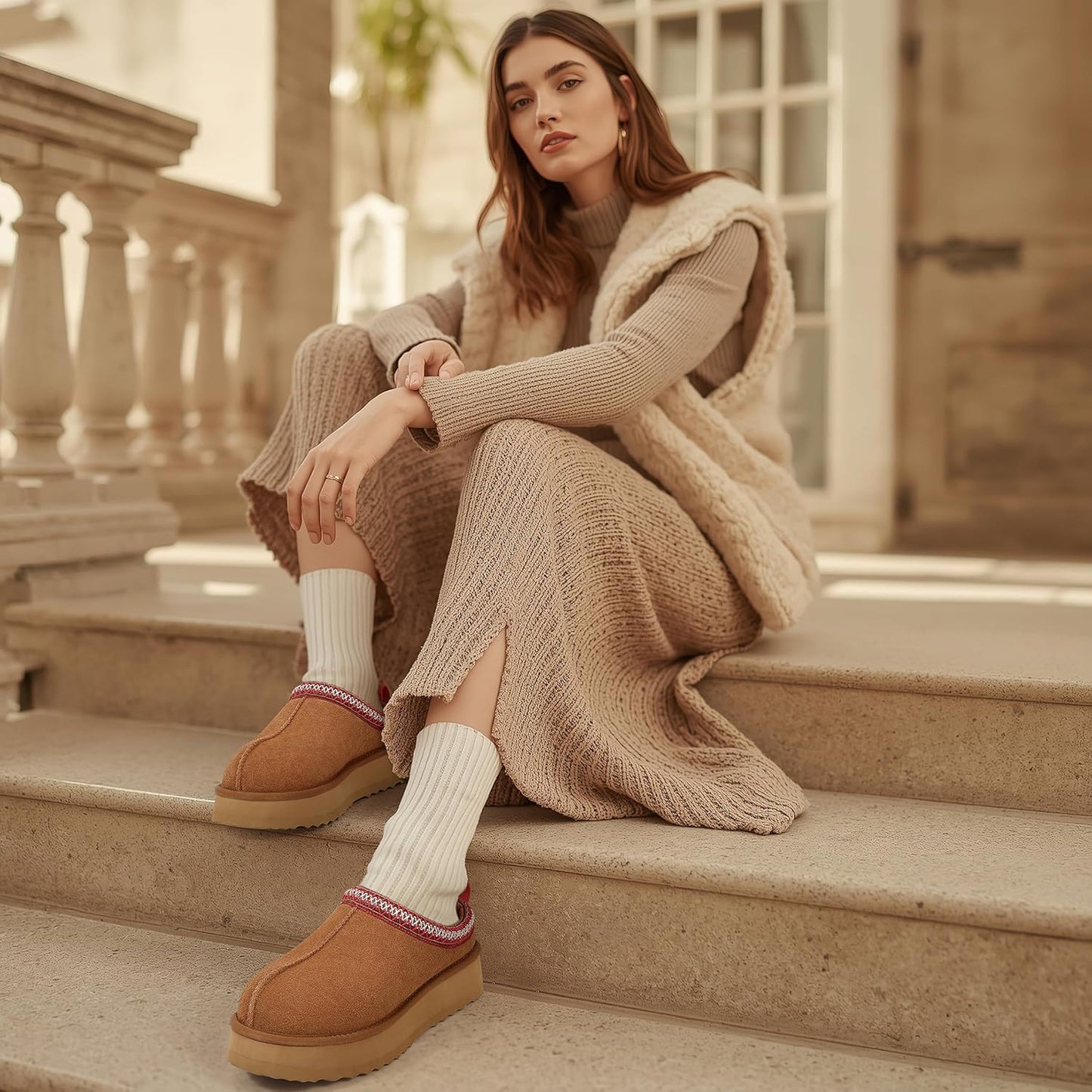 🔥HOT SALE 63% OFF🔥Genuine Suede Platform Slippers for Women Fuzzy Winter Warm Shoes Indoor Outdoor