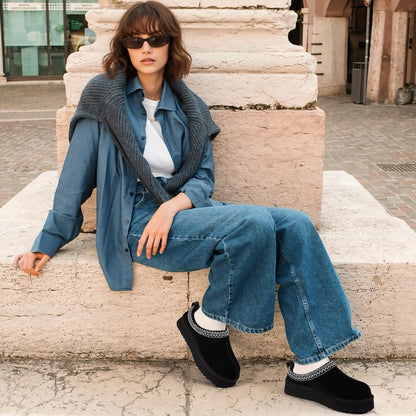 🔥HOT SALE 63% OFF🔥Genuine Suede Platform Slippers for Women Fuzzy Winter Warm Shoes Indoor Outdoor